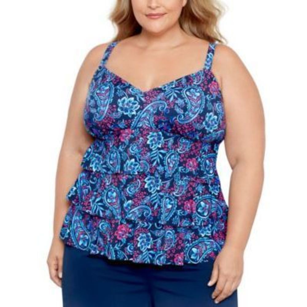 Swim Solutions Triple Tier Multicolor Printed Tankini Top Women's Swimsuit 24W